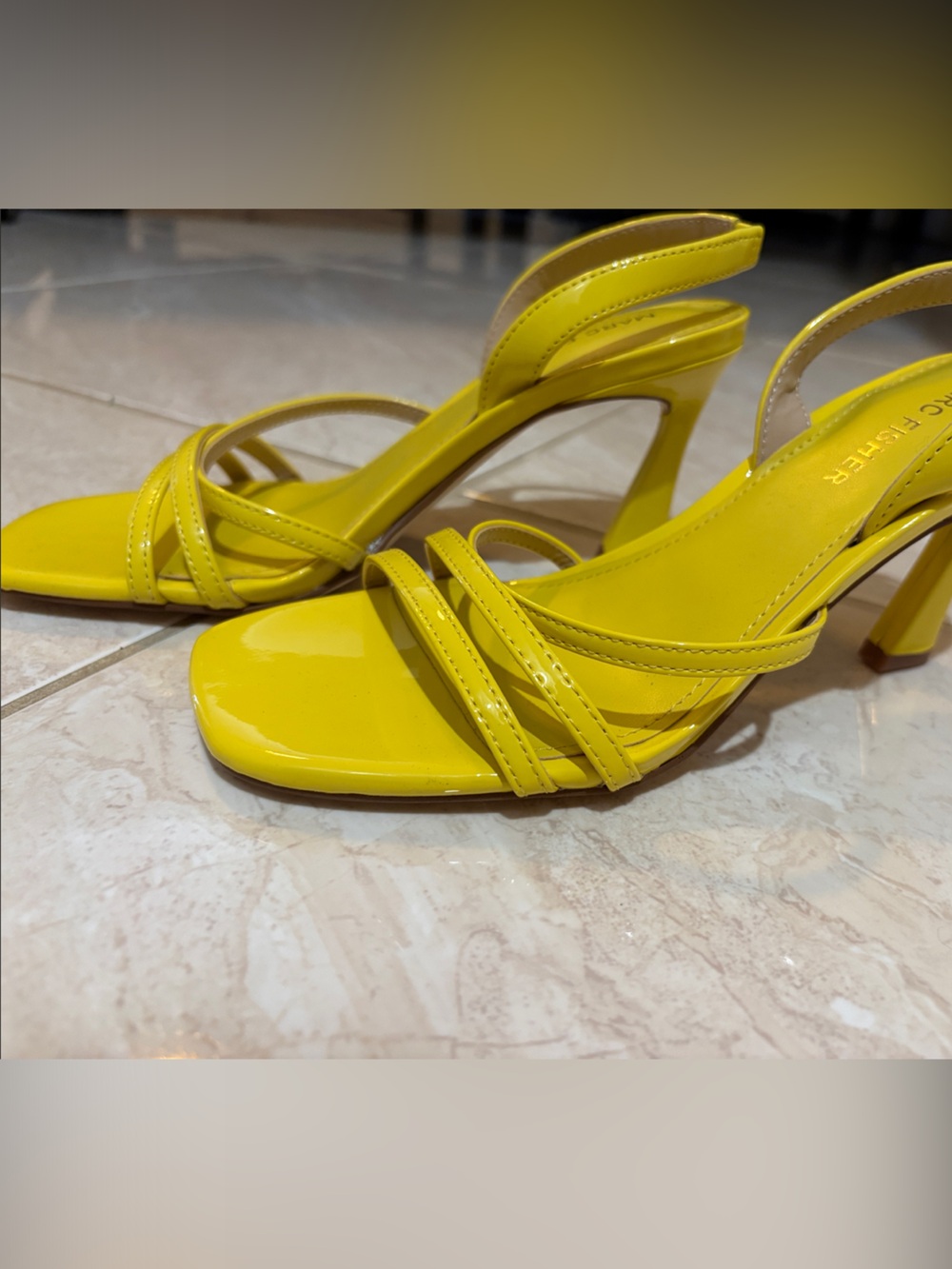 Marc Fisher Yellow Patent Strappy Block Heel Sandals